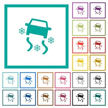 Snowy road dashboard indicator flat color icons with quadrant frames Illustration