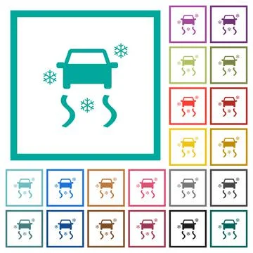 Snowy road dashboard indicator flat color icons with quadrant frames Illustration