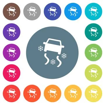 Snowy road dashboard indicator flat white icons on round color backgrounds Illustration