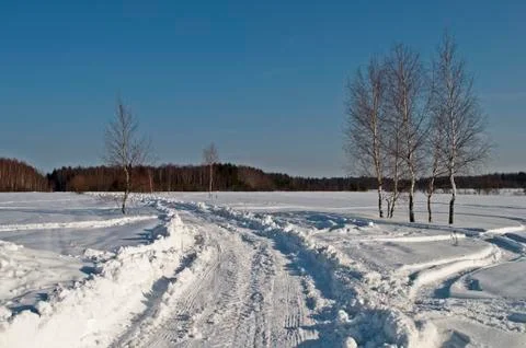 Snowy road on forest background Stock Photos