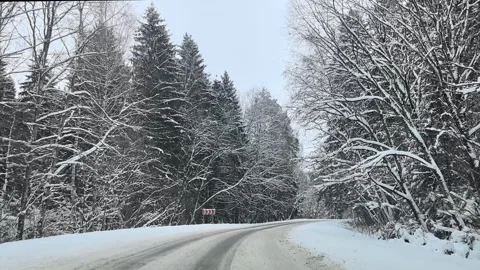 Snowy road in forest during winter with trees on both sides Stock Footage 340108513