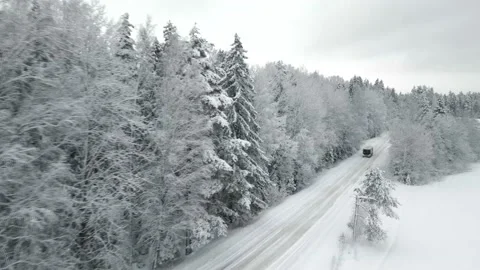 Snowy road in the forest top view . Winter landscape. Snowy day. Video from a Stock Footage 169379412