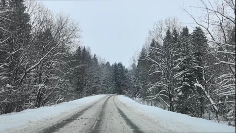 Snowy road through trees in winter Stock Footage 340117373