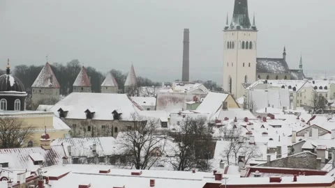 Snowy Roofs and Port Cityscape 4K Stock Footage