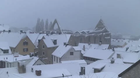 Snowy rooftops of Visby Old Town and St Karin’s Ruin in winter, Gotland Stock Footage 328587487