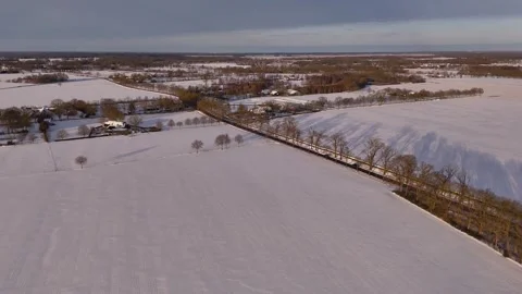 Snowy Rural Landscape, Scenic View Of Snowcovered Fields Bordered By Trees And Stock Footage 327051053