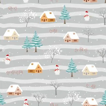 Snowy rural in winter seamless pattern for Christmas or new year decorative,c Stock Illustration