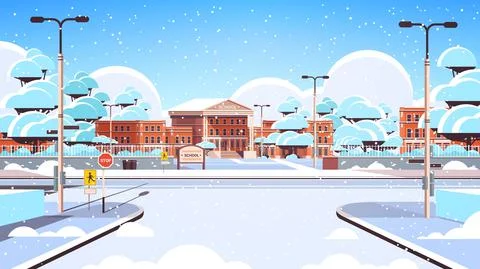 Snowy school building empty front yard with snow winter cityscape background Stock Illustration