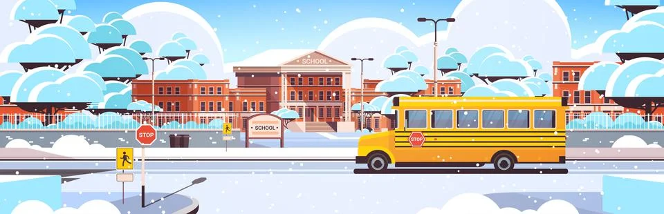 Snowy school building empty front yard with trees road and school buswinter Ilustración de archivo
