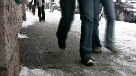 Snowy sidewalk. Stock Footage
