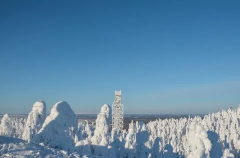 Snowy ski jump tower Stock Photos