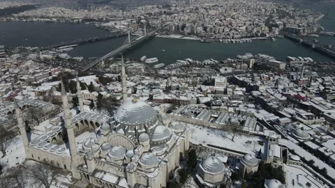Snowy view from Sultanahmet Mosque Stock Footage 148689984
