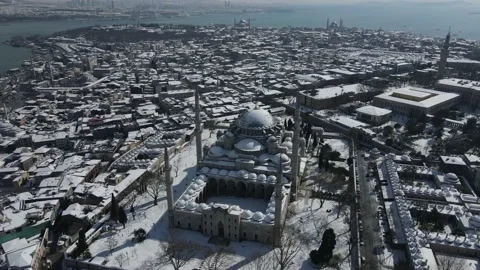 Snowy view from Sultanahmet Mosque Stock Footage 148732006