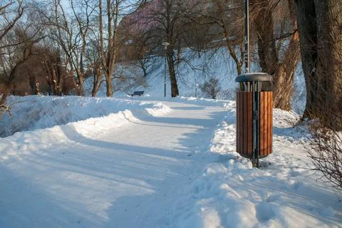 Snowy walking path in winter park with public trash bin and bare trees Stock Photos