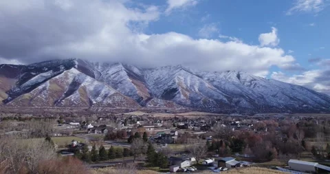 Snowy Wasatch Mountains in Mapleton, Utah County, Aerial Drone View Stock Footage 296389702