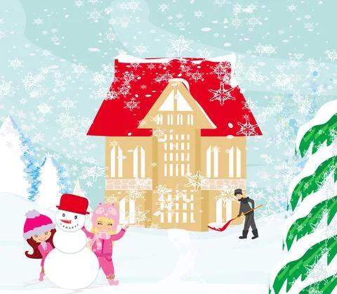 Snowy winter day in the backyard Stock Illustration