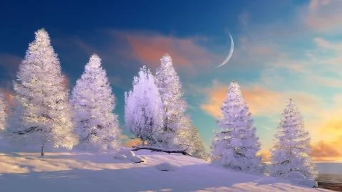Snowy winter forest at sunset or sunrise Illustrazione stock
