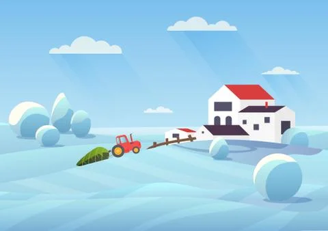 Snowy winter landscape flat vector illustration Ilustração Stock