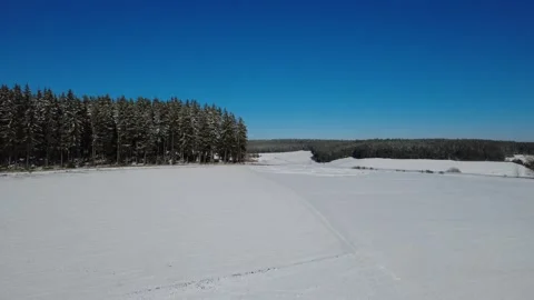 Snowy winter landscape with forest and village from drone Stock Footage 325208488