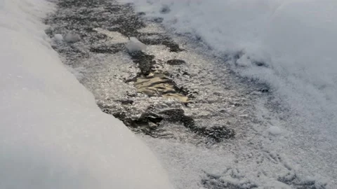 Snowy winter landscape with a small stream of water that freezes. Stock Footage 233006737