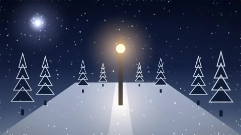 Snowy Winter Night Park Path with Streetlight and Geometric Trees Animation 動画素材 347807874