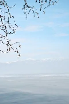 Snowy winter scene on the lake Stock Photos
