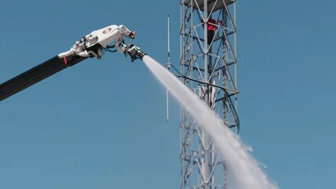 Snozzle high-power fire remote hose. Warrnambool Australia - April 19, 2019. Stock Footage 169673096