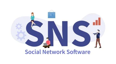 Sns social network software concept with big word or text with team people an Ilustração Stock