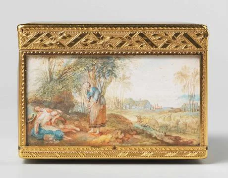 Snuff box of gold, rectangular and decorated on all sides with landscape p... Stockfoto's
