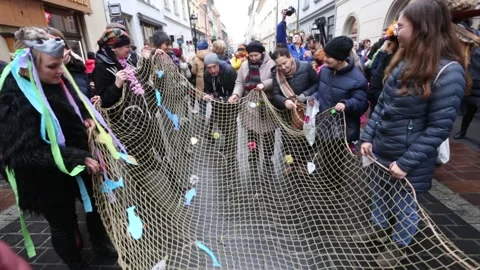 So called babski comber, a medieval Shrovetide folk celebration Stock Footage 279383762