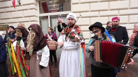 So called babski comber, a medieval Shrovetide folk celebration Stock Footage 279383934