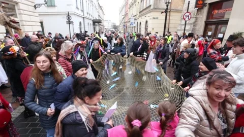 So called babski comber, a medieval Shrovetide folk celebration Stock Footage 279383947