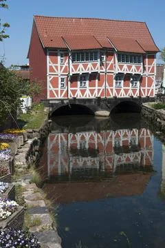 The so-called vault, the bridge house, a heritage-protected half-timbered house Stock Photos