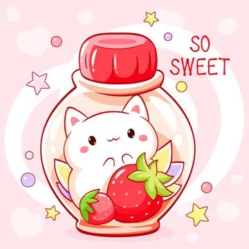 So cute card. Tiny cat with berries in glass bottle. Kawaii kitty with stra.. Stock Illustration