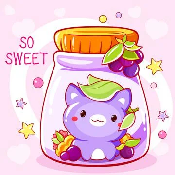 So cute card. Tiny cat with berries in glass bottle. Kawaii kitty with blue.. Illustrazione stock