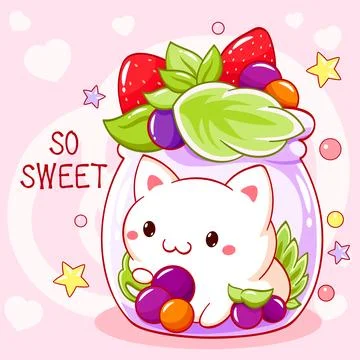 So cute card. Tiny cat with berries in glass bottle. Kawaii kitty with stra.. Stock Illustration