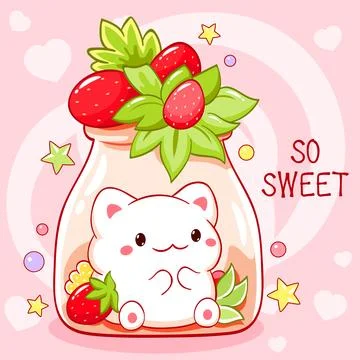 So cute card. Tiny cat with berries in glass bottle. Kawaii kitty with stra.. Stock Illustration