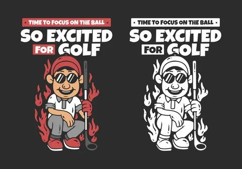 So exited for golf. Golf boy character with fire flame illustration. red wh.. Stock Illustration