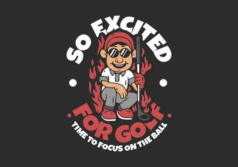 So exited for golf. Golf boy character with fire flame illustration. red wh.. Stock Illustration