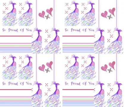 So Proud Of You Text Hand Painted Peacock And Stripes Seamless Pattern With L Stock Illustration