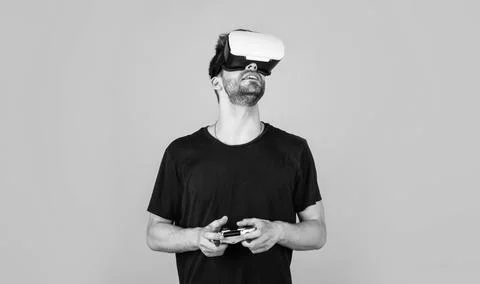 So real. game console using with VR headset. man with glasses of virtual reality Stock Photos