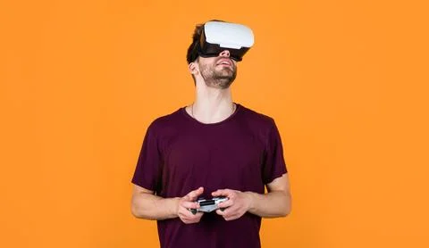 So real. game console using with VR headset. man with glasses of virtual reality Stock Photos