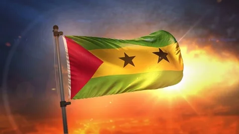 So Tom and Prncipe Flag Backlit At Beautiful Sunrise Loop Slow Motion 4K Stock Footage 76811902