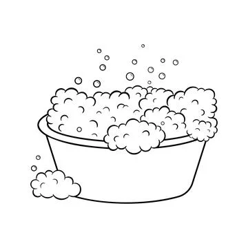 Soaking laundry, wash basin with foam, hand washing. Vector outline illustration Stock Illustration