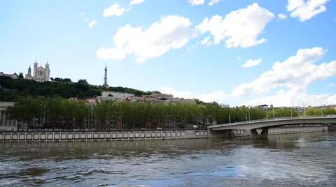 Soane river view with cathedrals Saint-Georges and Fourviere under blue sky whit Stock Footage 64239741