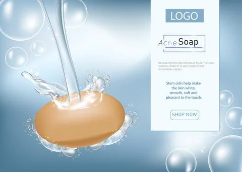Soap advertisement design. Vector wash soap blue clean. Illustrazione stock