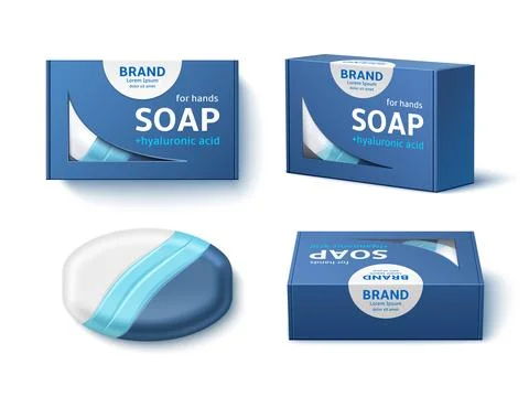 Soap bar package design. Realistic cardboard box mockup, branded paper wrap Illustrazione stock