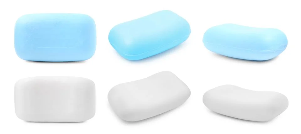 Soap bars on white background, set. View from different sides Stockfoto's