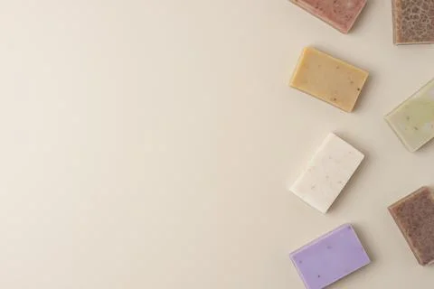 Soap on beige background. Flat lay, copy space. beautiful Stock Photos