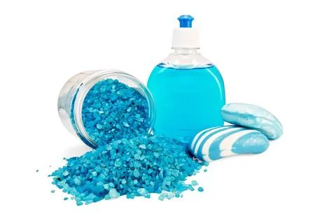 Soap blue different with bath salts in the jar Blue liquid soap in a bottl... Stock Photos